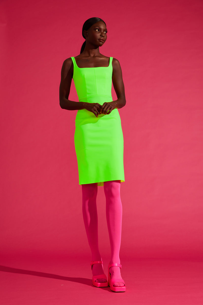yellow slinky ring detail square neck bodycon dress Scoop Hotfix Mini In Lime Green | EGO US keep accessories minimal to let the dress do the talking Cowl Neck Ring Detail Mini
