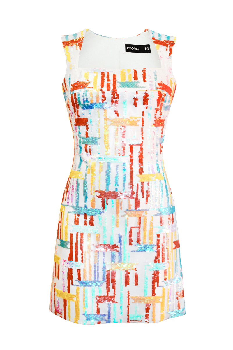 Square Neck Dress with Abstract Sequins