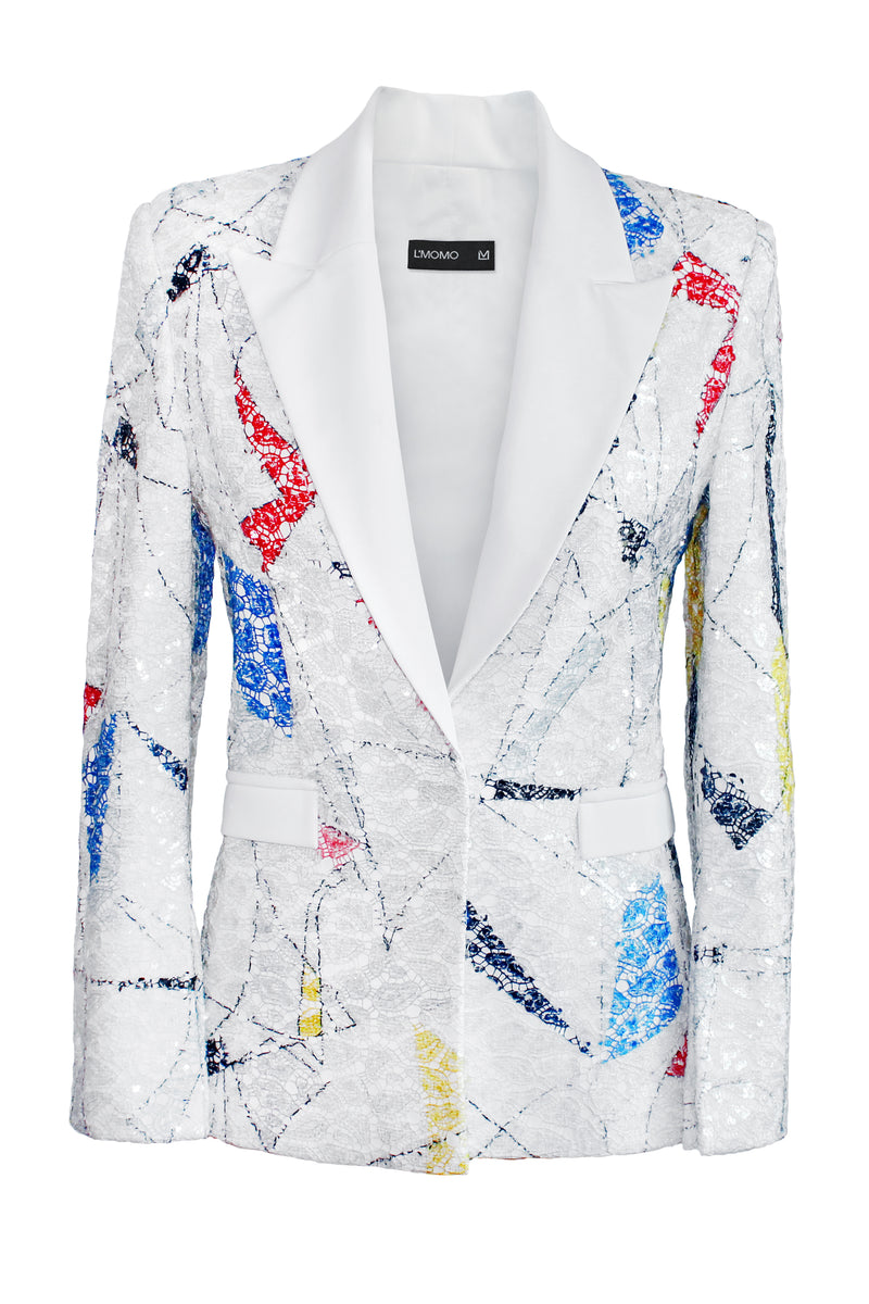 Abstract Sequin Blazer with White Lapel